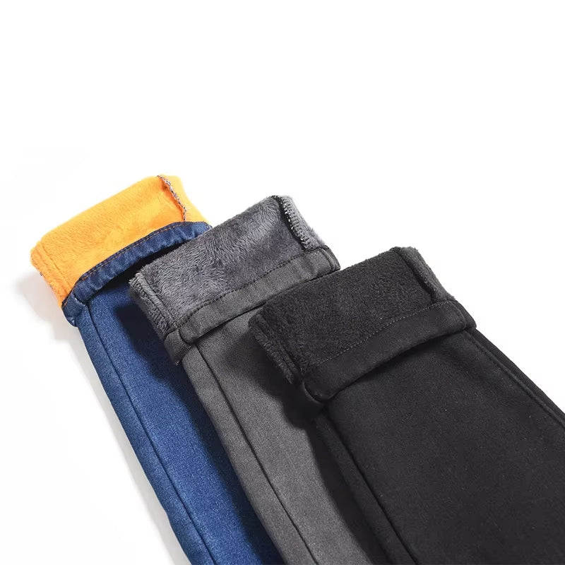Warm Winter Size Slim Jeans Women Advanced Stretch Cotton Denim Pants Thick Fleece Student Trousers Blue Black Gray.