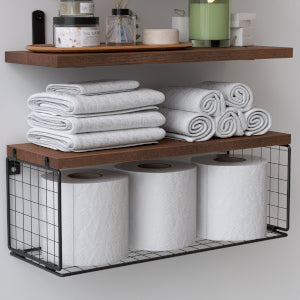 WOPITUES Bathroom Shelf Over Toilet, Floating Bathroom Shelf Wall Mounted with Wire Basket, Floating Shelf for Wall Décor-Rustic