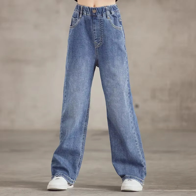 Girls Jeans 2024 Autumn Loose Straight Wide-Leg Pants Kids Trousers Jeans for Children 10 12 13 14 Years Blue High Waist Pants.