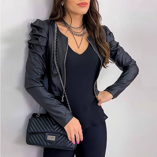 2021 Jacket Women Zipper Leather Jackets Coat Autumn Puff Sleeve Black Outwear Coat Elegant Slim Jacket Women'S Black Jack Coat.