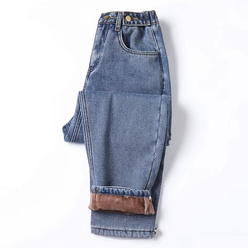 2022 Winter New Women'S Warm Thick Jeans Fashion Loose Vintage Blue High Waist Jeans Mom Denim Ankle-Length Pants 4XL 5XL.