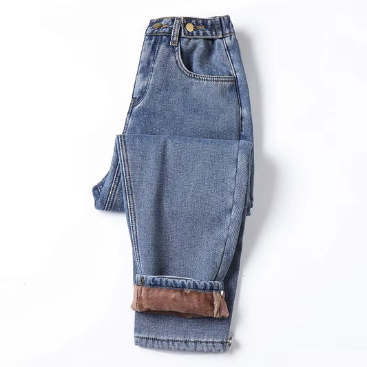 2022 Winter New Women'S Warm Thick Jeans Fashion Loose Vintage Blue High Waist Jeans Mom Denim Ankle-Length Pants 4XL 5XL.