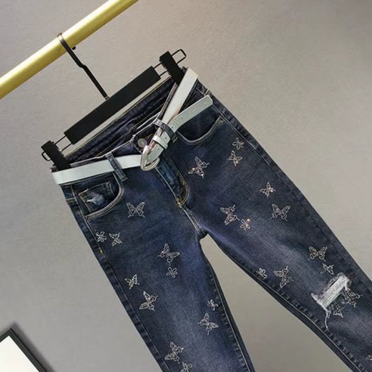 High Waist Jeans Women Beading Butterfly Fashion Ripped Jeans Casual Stretch Jeans Female Washed Denim Pencil Pants.