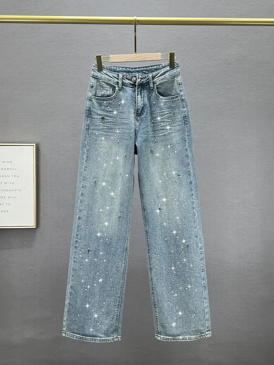 Rhinestone XINGX Pendant Design High Waist Wash Jeans Women'S Summer Loose Slimming and All-Matching Straight-Leg Pants.