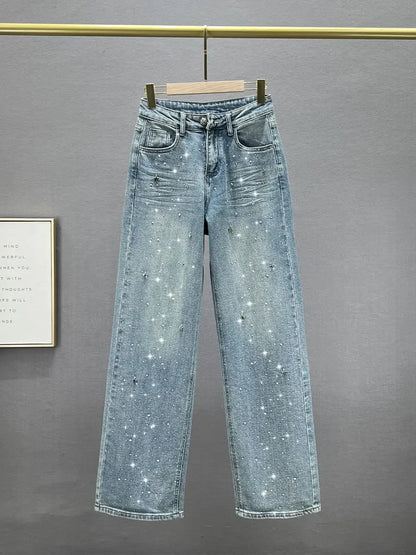 Rhinestone XINGX Pendant Design High Waist Wash Jeans Women'S Summer Loose Slimming and All-Matching Straight-Leg Pants.