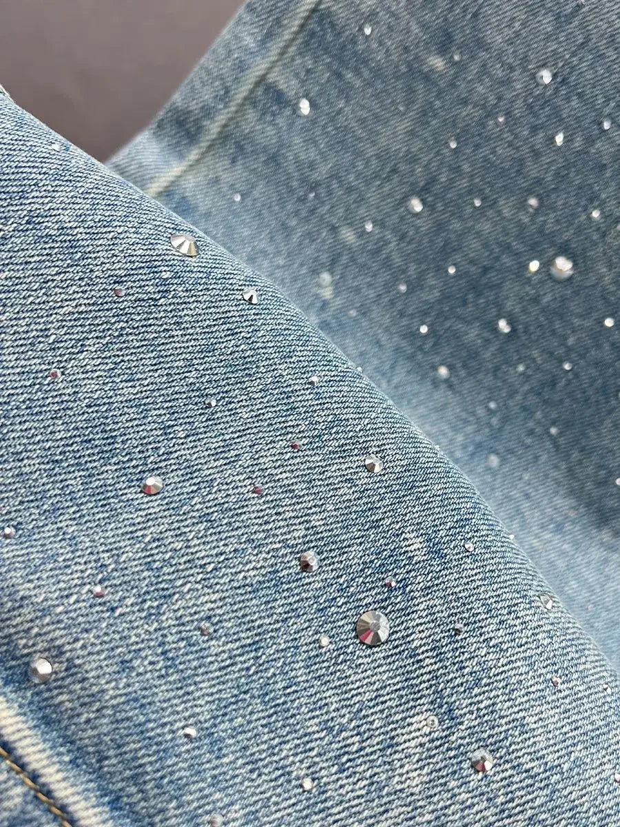 Rhinestone XINGX Pendant Design High Waist Wash Jeans Women'S Summer Loose Slimming and All-Matching Straight-Leg Pants.