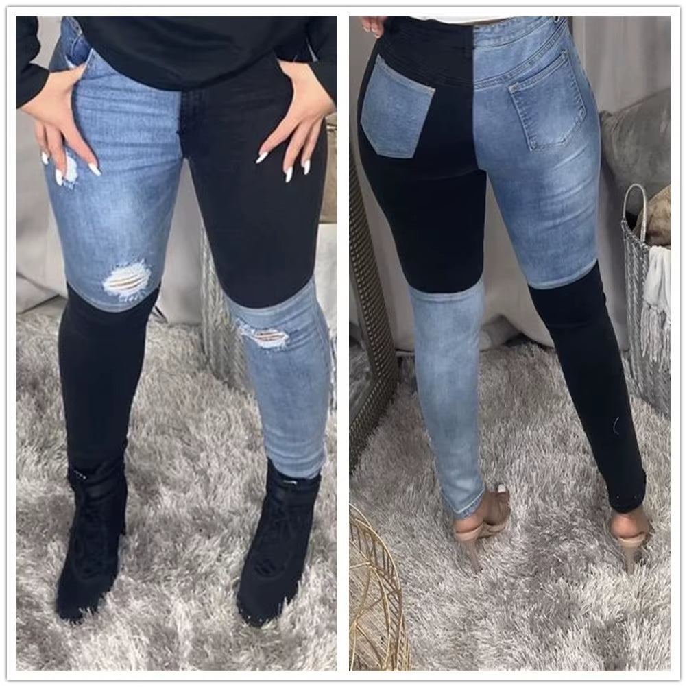 2021 New Women Black and Blue Color Matching Ripped Jeans Fashion Stretch Denim Pencil Pants Street Hipster Casual Jeans S-2XL.