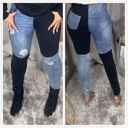 2021 New Women Black and Blue Color Matching Ripped Jeans Fashion Stretch Denim Pencil Pants Street Hipster Casual Jeans S-2XL.
