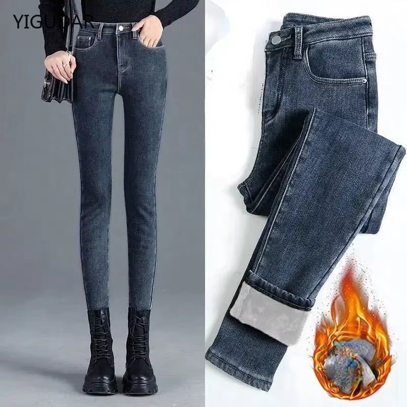 Winter Thick Velvet Women Jeans High Waist Skinny Jeans Simple Fleece Warm Slim Fit Stretch Lady Denim Pencil Pants Baggy Jeans.