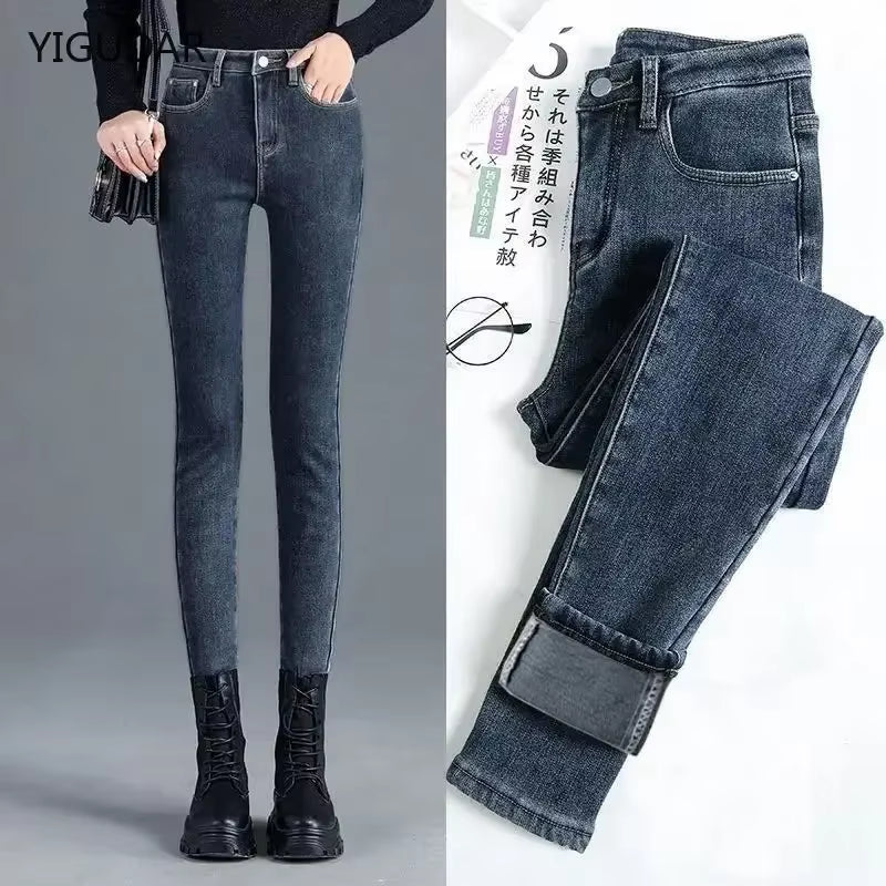 Winter Thick Velvet Women Jeans High Waist Skinny Jeans Simple Fleece Warm Slim Fit Stretch Lady Denim Pencil Pants Baggy Jeans.