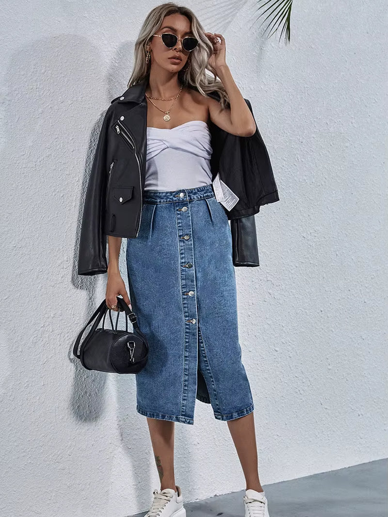 Single Breasted Knee Length Denim Skirt Women Streetwear Casual Pocket High Waist Straight Jeans Skirt New.