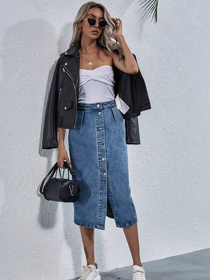 Single Breasted Knee Length Denim Skirt Women Streetwear Casual Pocket High Waist Straight Jeans Skirt New.