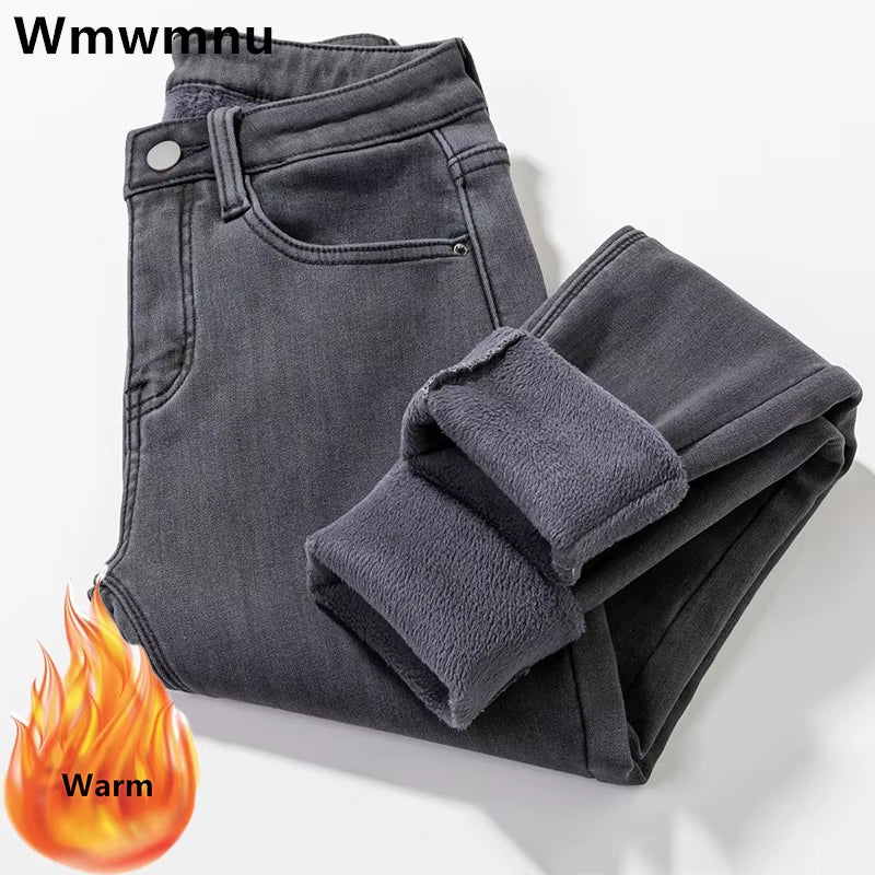 Streetwear Thicken plus Velvet Slim Pencil Jeans Women Winter Warm Oversized 34 Denim Pants High Waist Stretch Cowboy Trousers.