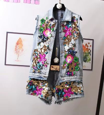 European Style Denim Jacket Fashion Outfit Women New Flower Sequined Jeans Vest Coat.
