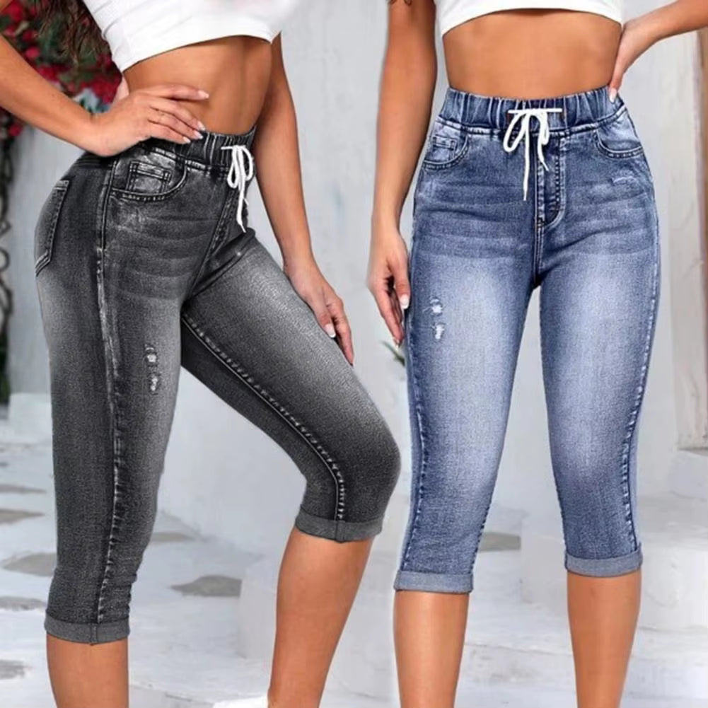 Denim Jeggings Women'S 3/4 Short Jeans Pants Leggings Summer 2021 Breeches Harajuku High Waist Korean Vintage Mom Pants.