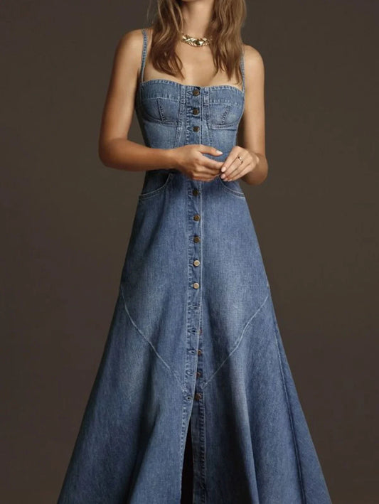 Vintage Square Collar Women'S Denim Tank Dress Summer Maxi Sundress with Buttons Waisted Holiday Solid Robe Fashion 2025.
