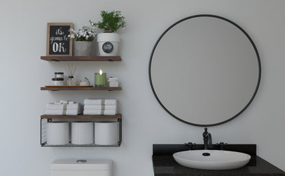 WOPITUES Bathroom Shelf Over Toilet, Floating Bathroom Shelf Wall Mounted with Wire Basket, Floating Shelf for Wall Décor-Rustic