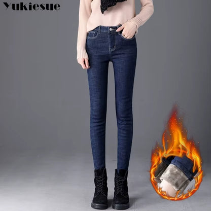 Thick Winter Warm Skinny Jeans for Women Female High Waist Velvet Denim Pants Streetwear Stretch Trousers Clothes.
