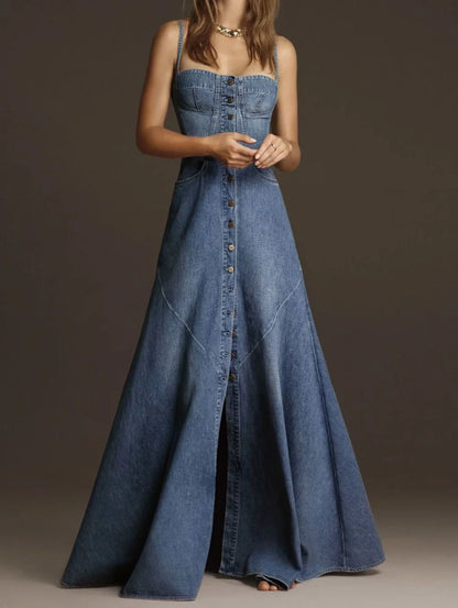 Vintage Square Collar Women'S Denim Tank Dress Summer Maxi Sundress with Buttons Waisted Holiday Solid Robe Fashion 2025.
