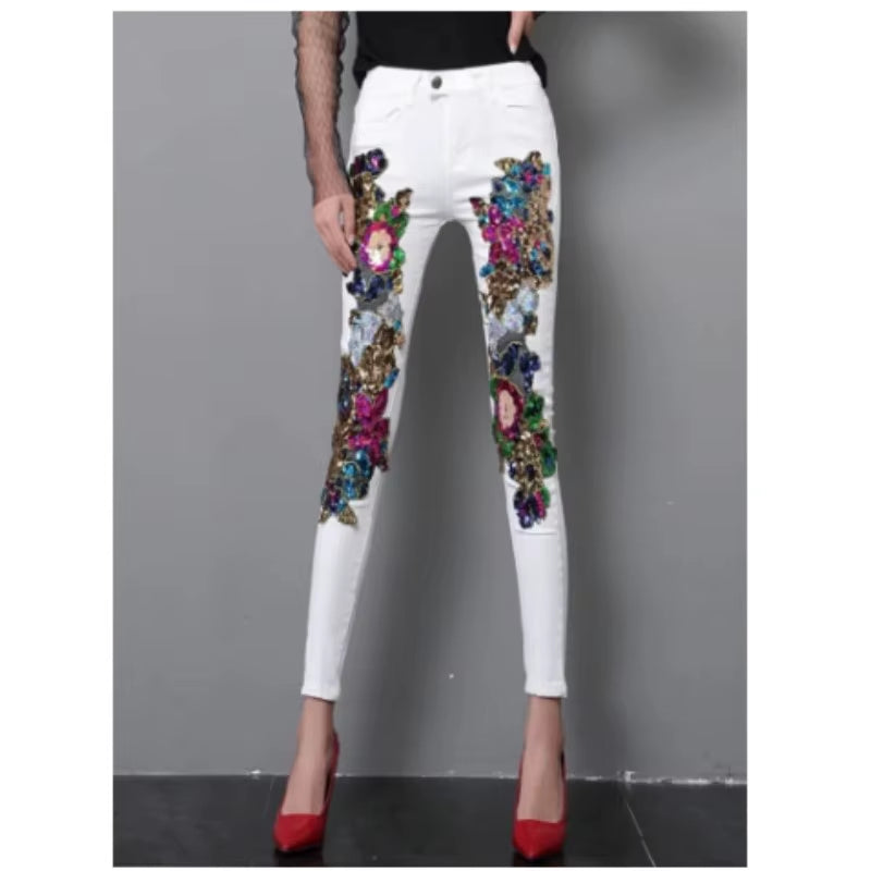 European Style Denim Jacket Fashion Outfit Women New Flower Sequined Jeans Vest Coat.