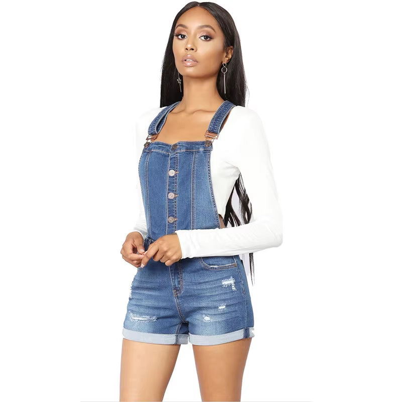 Short Denim Overalls Women Hole Jumpsuit High Waist Casual Jeans Playsuit Washed Salopette Straps 2019 Summer Romper.