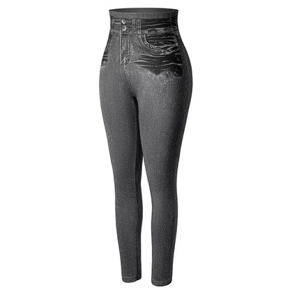 Women Jeggings Faux Denim Jeans Leggings High Waisted Tummy Control Slim Leggins Printed Pencil Pants Seamless Skinny Trousers.