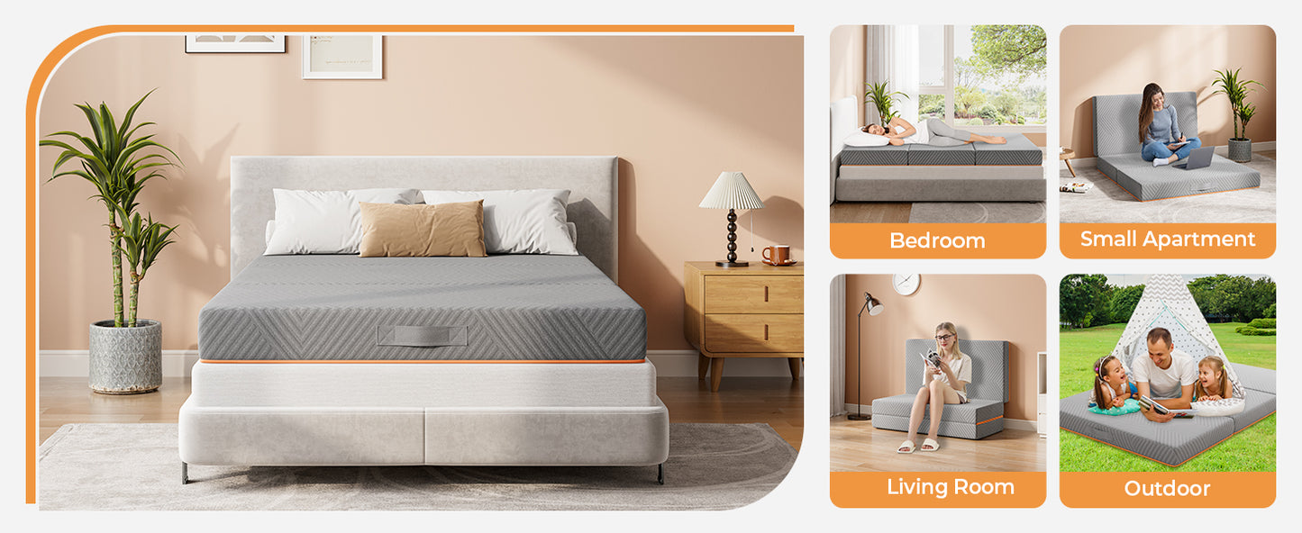 Vesgantti Klappmatratze, 15 und 8 cm große faltbare Gel-Memory-Schaum-Matratze, dreifach faltbar, für Reisen, Camping, Gästebett