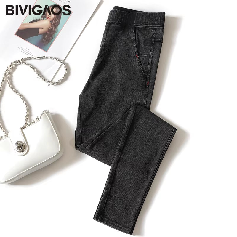 Women Jeans Pencil Pants Sand Washed Stretch Jeans Leggings Korean Pocket Red Line Leggings Magic Black Gray Jeggings.