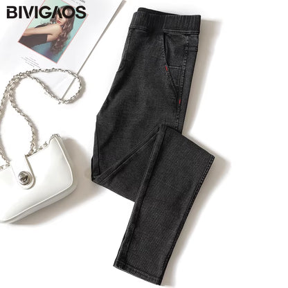 Women Jeans Pencil Pants Sand Washed Stretch Jeans Leggings Korean Pocket Red Line Leggings Magic Black Gray Jeggings.