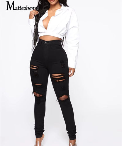 New Black Pencil Jeans High Waist Push up Skinny Ripped Jeans Denim Sexy Holes Destroyed Knee Pant Ladies Jeans Femme Trousers.