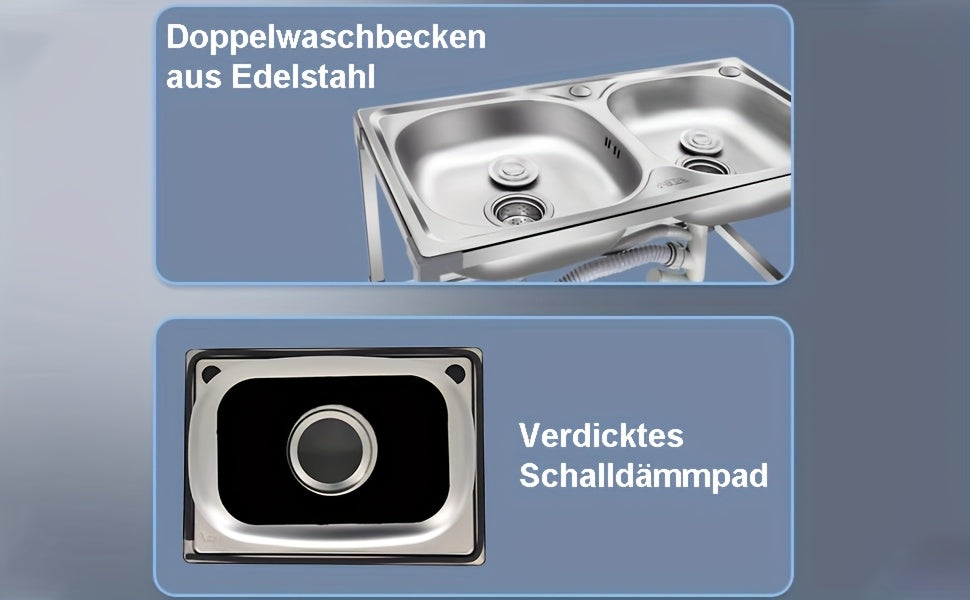 Edelstahlspüle, freistehendes Doppelschüssel-Küchenspülbecken mit Wasserhahn, Warm- und Kaltwasserrohr, Silber 75 * 40 * 83 cm