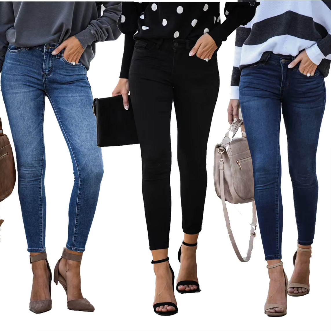 2021 Spring New Black and Blue Women Skinny Jeans Fashion Casual Slim Elastic Denim Pencil Pants Ankle-Length Jeans Top Quality.