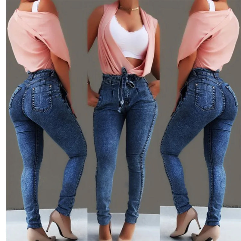 High Waist Jeans for Women Slim Stretch Denim Jean Bodycon Tassel Belt Bandage Skinny Push up Jeans Woman Clothe 4XL 5XL.