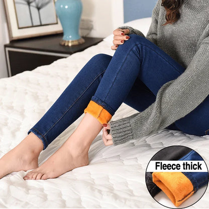 Warm Winter Size Slim Jeans Women Advanced Stretch Cotton Denim Pants Thick Fleece Student Trousers Blue Black Gray.