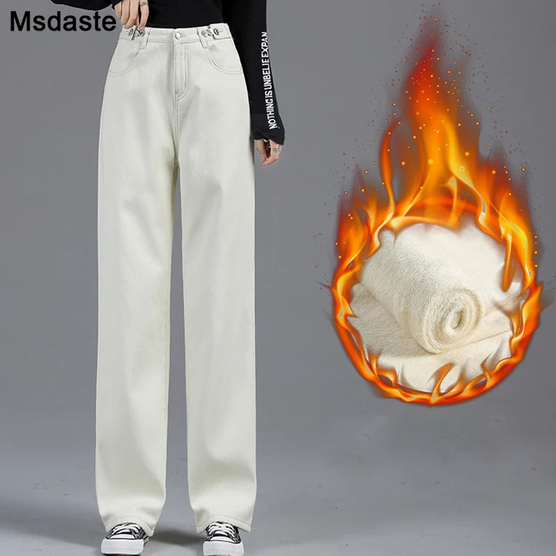 Winter Jeans Women Warm Denim Trousers High Waist Casual Loose Female Denim Pants Thick Velvet Cotton Wide Leg Woman Jeans.