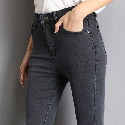 Jeans for Women Mom Jeans Blue Gray Black Woman High Elastic 36 38 40 Stretch Jeans Female Washed Denim Skinny Pencil Pants.