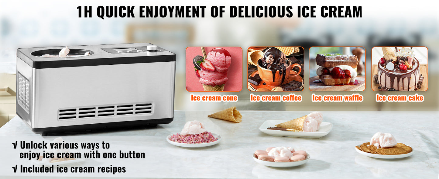 SucceBuy Automatic Ice Cream Maker with Built-in Compressor 2 Quart No Pre-freezing Fruit Yogurt Machine Electric Sorbet Maker.