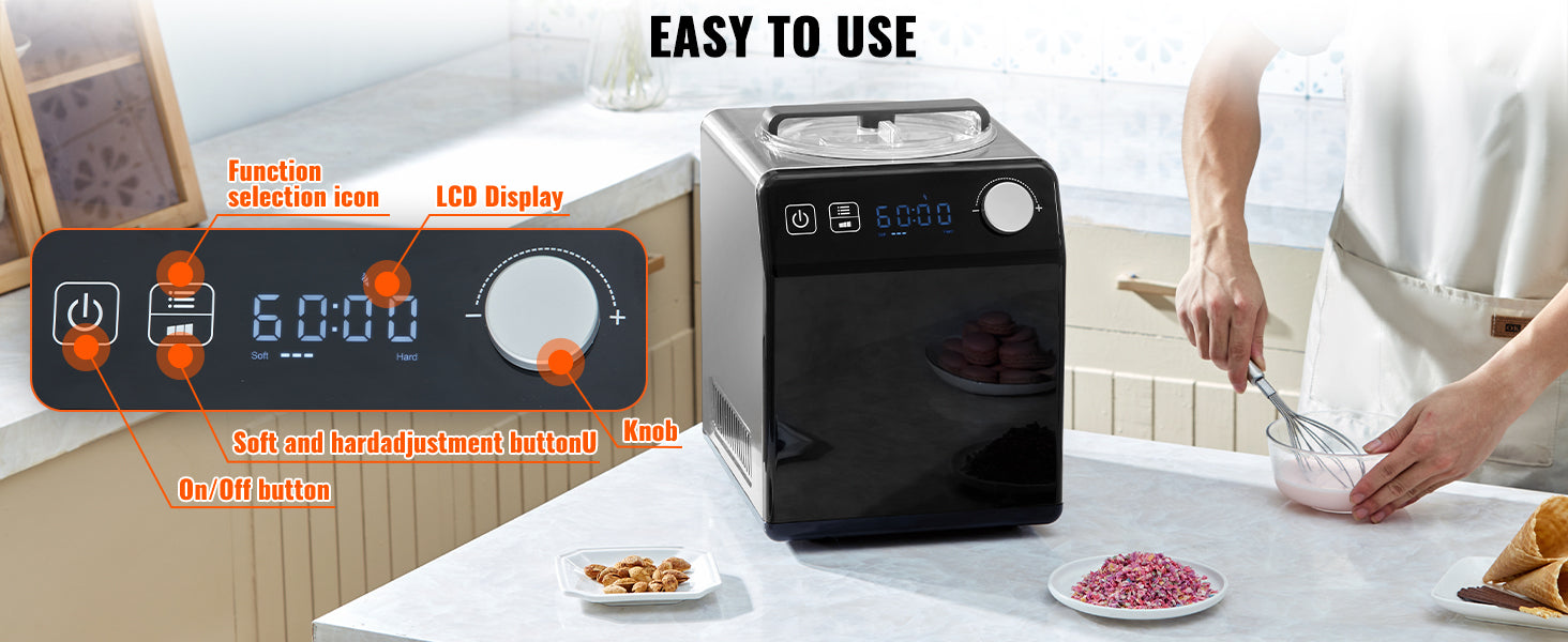 SucceBuy Upright Automatic Ice Cream Maker with Built-in Compressor 2 Quart No Pre-freezing Fruit Yogurt Machine 4 Modes.