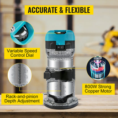VEVOR Elektrik Hand Holz Oberfräse 800 W, Einhand Oberfräse 30000 U/min, Holz Kantenfräse, 3 Spannzangen, Soft-Start, Aluminiumlegierung, Drehzahlregelung, Elektrische Oberfräse Holzbearbeitung