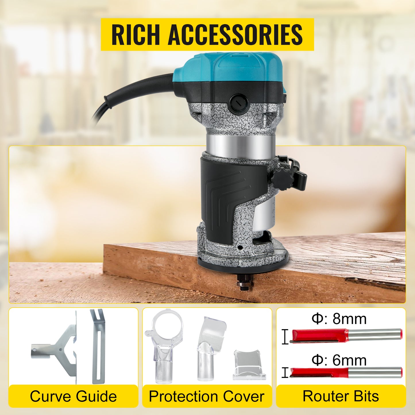 VEVOR Elektrik Hand Holz Oberfräse 800 W, Einhand Oberfräse 30000 U/min, Holz Kantenfräse, 3 Spannzangen, Soft-Start, Aluminiumlegierung, Drehzahlregelung, Elektrische Oberfräse Holzbearbeitung