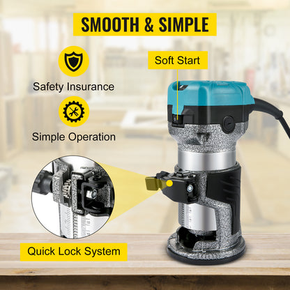 VEVOR Elektrik Hand Holz Oberfräse 800 W, Einhand Oberfräse 30000 U/min, Holz Kantenfräse, 3 Spannzangen, Soft-Start, Aluminiumlegierung, Drehzahlregelung, Elektrische Oberfräse Holzbearbeitung