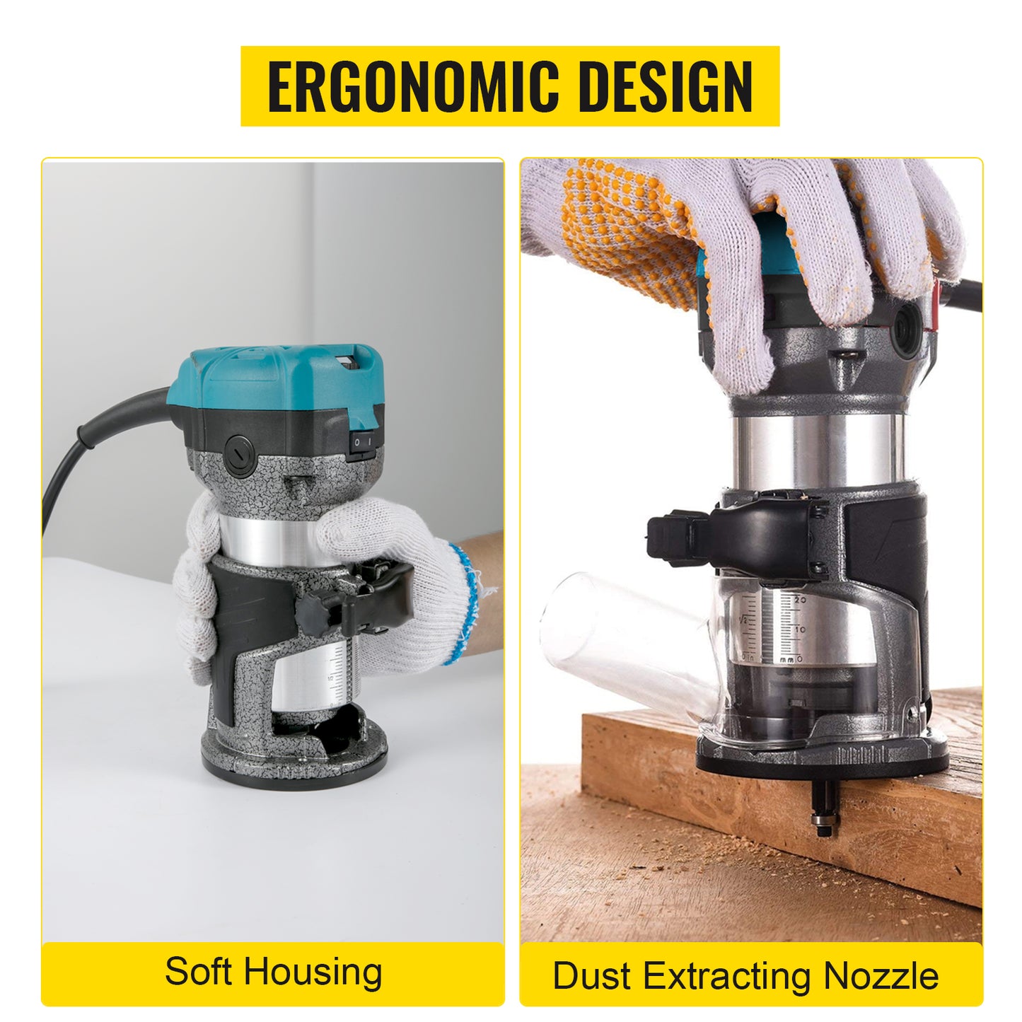 VEVOR Elektrik Hand Holz Oberfräse 800 W, Einhand Oberfräse 30000 U/min, Holz Kantenfräse, 3 Spannzangen, Soft-Start, Aluminiumlegierung, Drehzahlregelung, Elektrische Oberfräse Holzbearbeitung