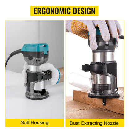 VEVOR Elektrik Hand Holz Oberfräse 800 W, Einhand Oberfräse 30000 U/min, Holz Kantenfräse, 3 Spannzangen, Soft-Start, Aluminiumlegierung, Drehzahlregelung, Elektrische Oberfräse Holzbearbeitung