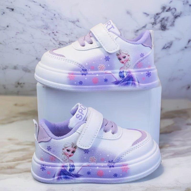Disney Girl's Fashion Thick Sole Sports Shoes Spring Children's Frozen Princess Elsa PU Leather Running Sneakers Size 18-29.