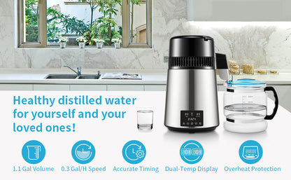 SucceBuy 4L Water Distiller Purifier Filter Dispenser Drinking Bottle Softener Temp Display Overheat Protection Home Appliance.